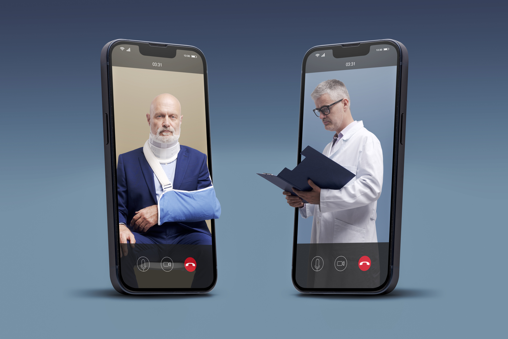 Two smartphones showing a video call between an injured patient and a doctor, representing virtual healthcare.