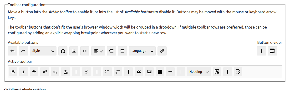 Screenshot of the CKEditor Toolbar configuration