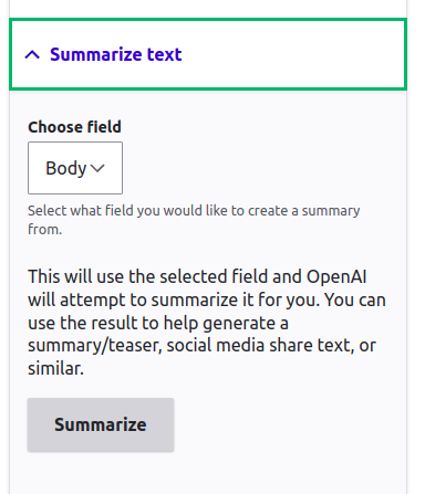 Screenshot of the "Summarize text" feature