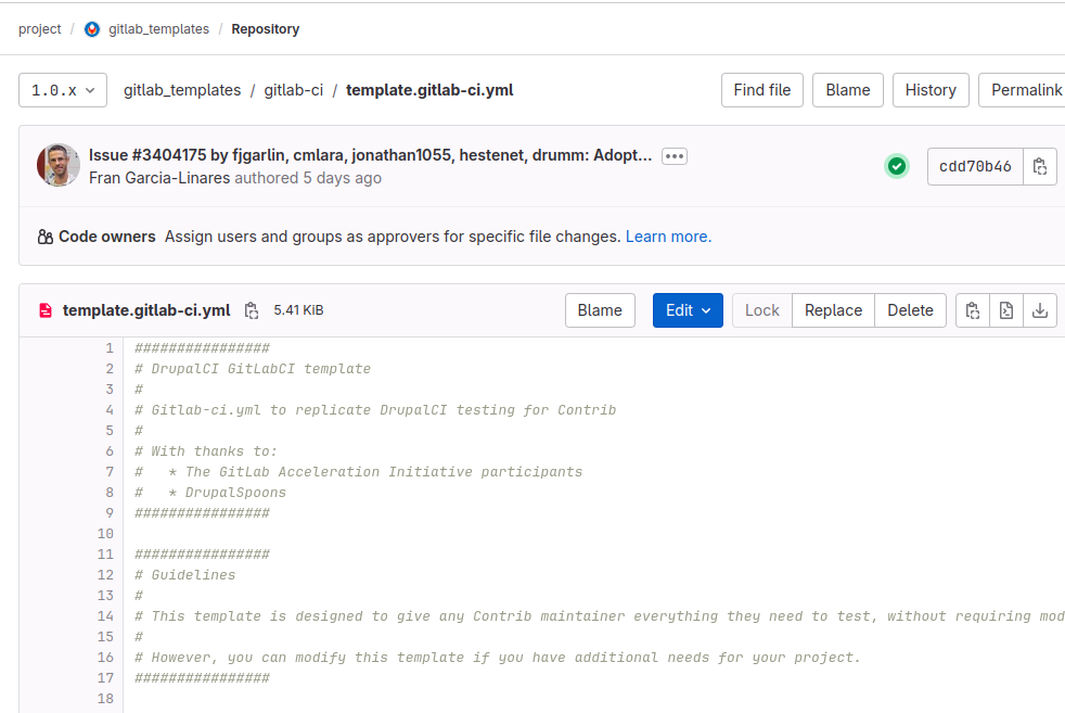 Screenshot of the template .gitlab-ci.yml