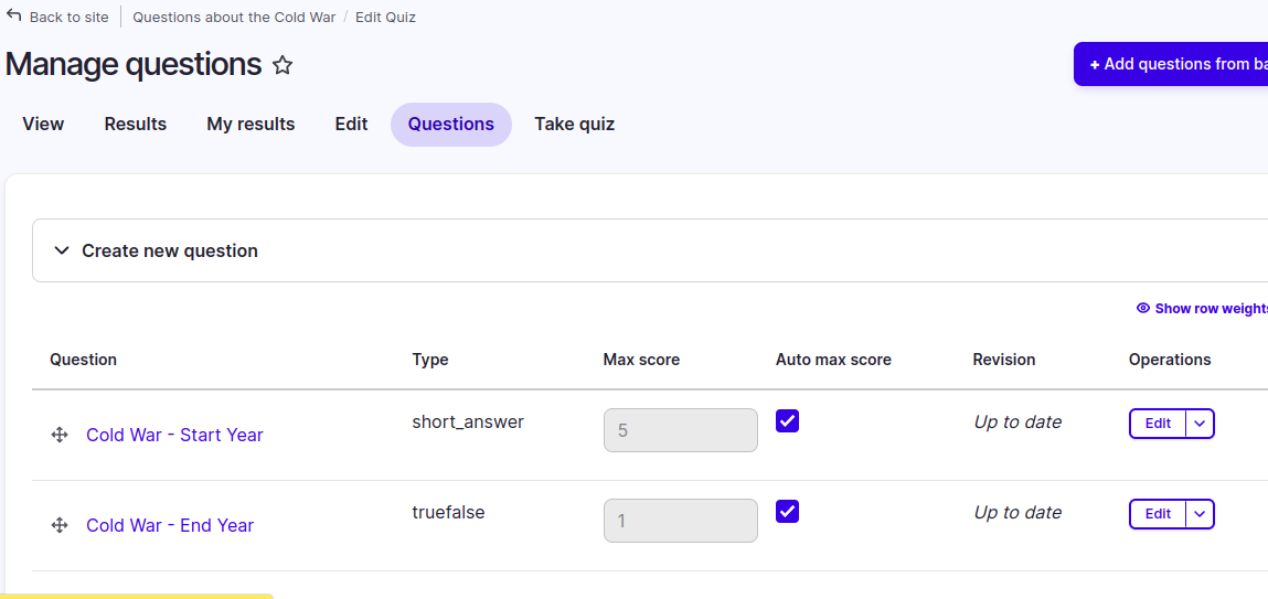 Form for creating the questions
