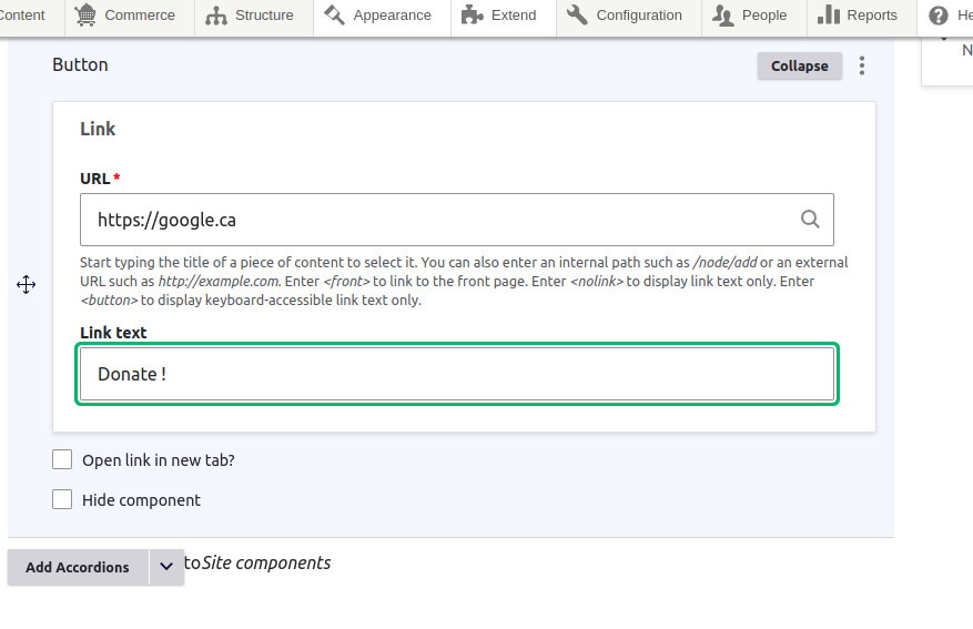 Image 12: Adding a âDonateâ button by using the button paragraph type