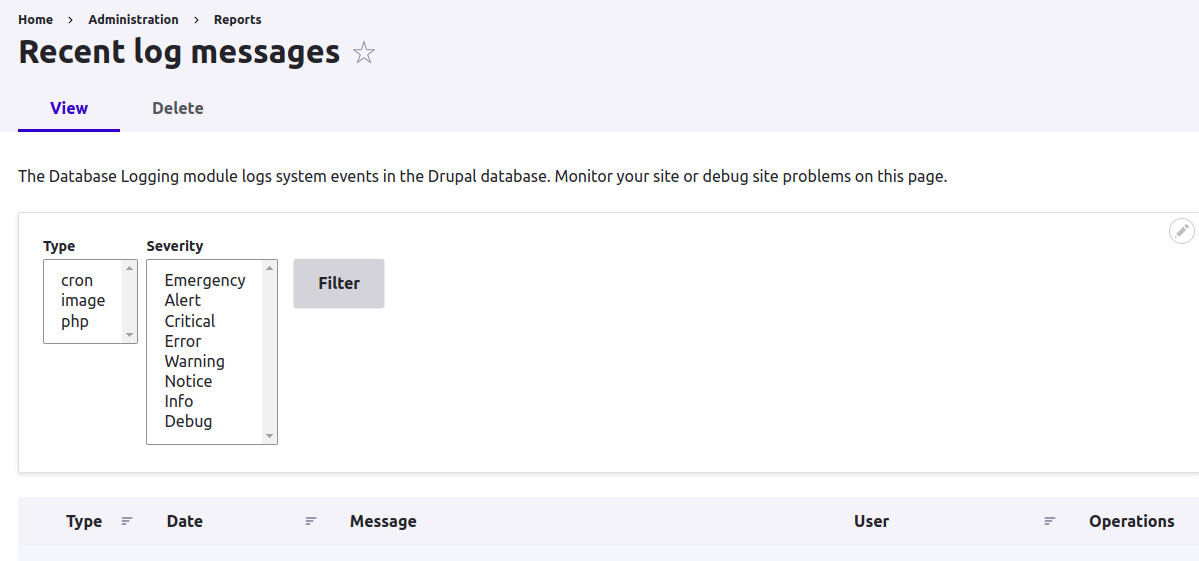 Image 7: Screenshot of the âRecent log messagesâ page