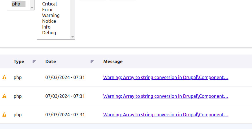 Image 8: Screenshot of the âRecent Messages Pageâ with the PHP errors displayed.