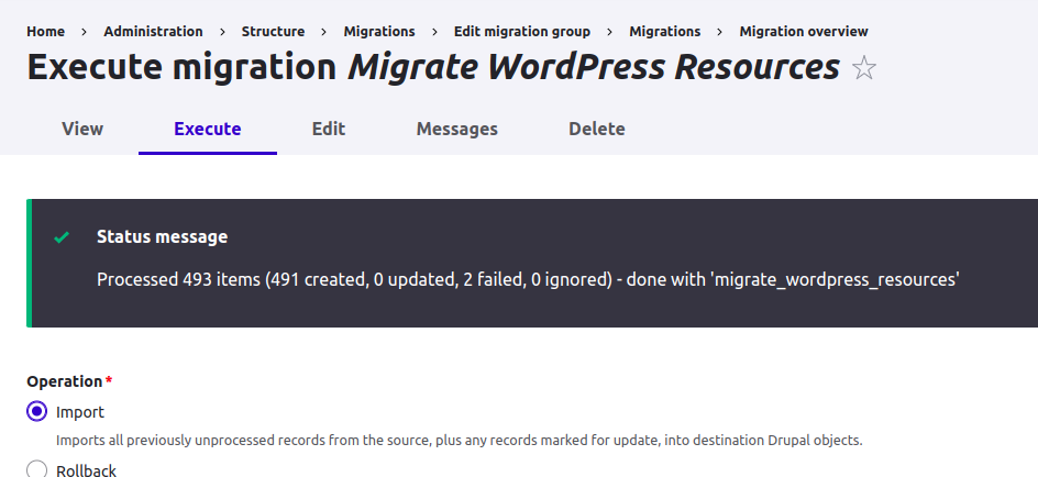 Results of the Migration Import