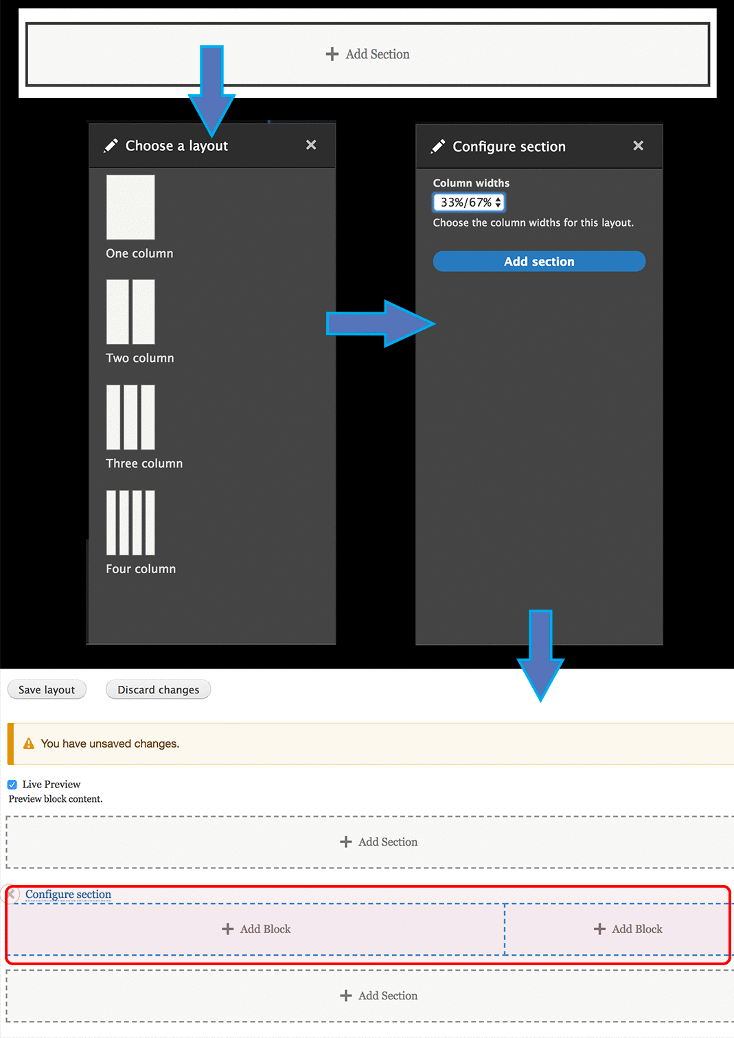 Drupal Layout Builder vs Paragraphs- Add section steps