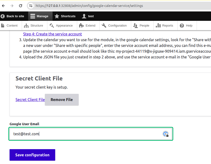Google Calendar Service config page