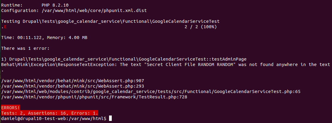 Execution of the test with an error