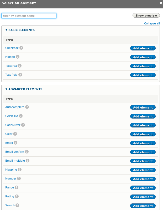 Webform: Select an Element Screen