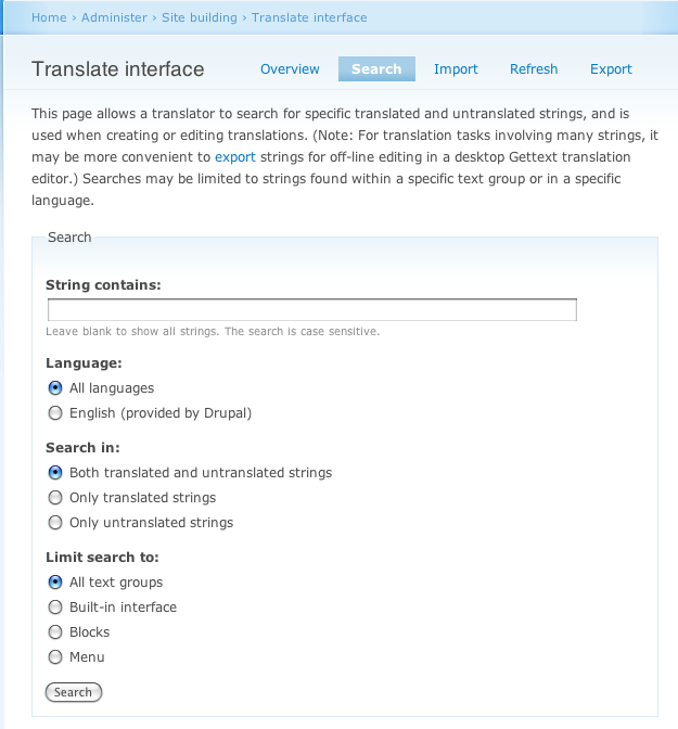Translate Language Strings in Drupal: translate interface