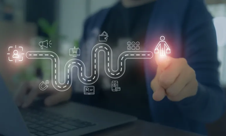 Person pointing at a digital customer journey map with icons representing personalization and user experience.