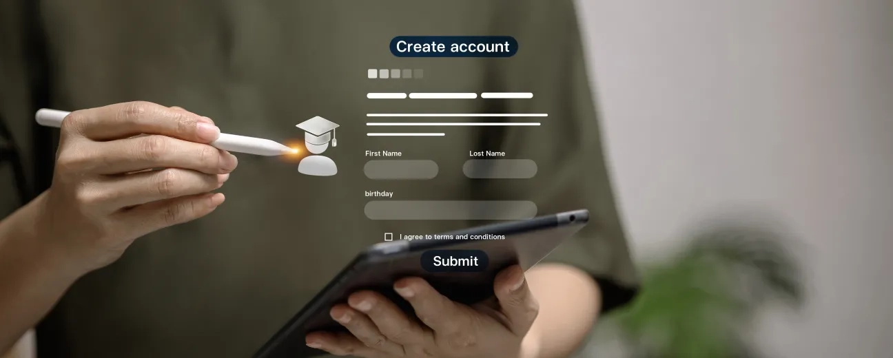 A digital "Create account" form interface is overlaid on a blurred image of hands holding a smartphone and stylus, showing fields for personal information and a graduation cap icon.
