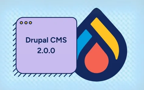 Illustration showing the Drupal logo with the text ‘Drupal CMS 2.0.0’.